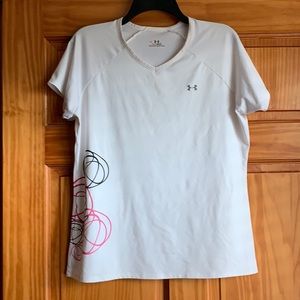Under Armour White Short Sleeve V-Neck Tee with Pink & Black Graphic